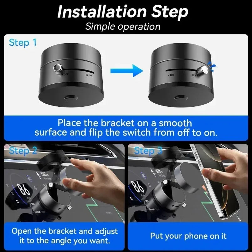 Installation steps showing how to place the bracket, flip the switch, and adjust the phone holder angle.