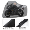 Schwarze Motorradabdeckung mit schwarzen Riemen und Logo auf grauem Hintergrund