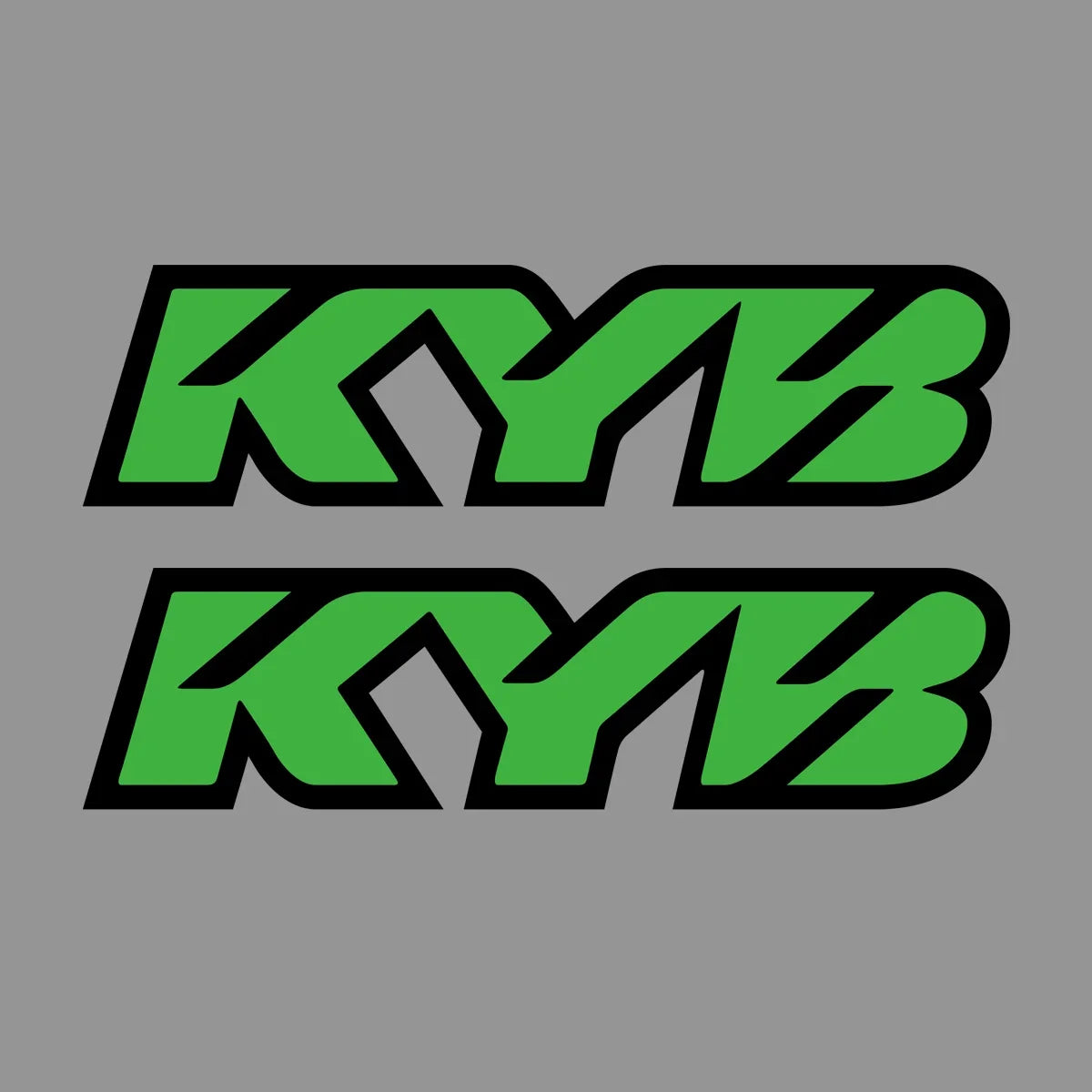 Green stylized letters KYB repeated twice on a gray background