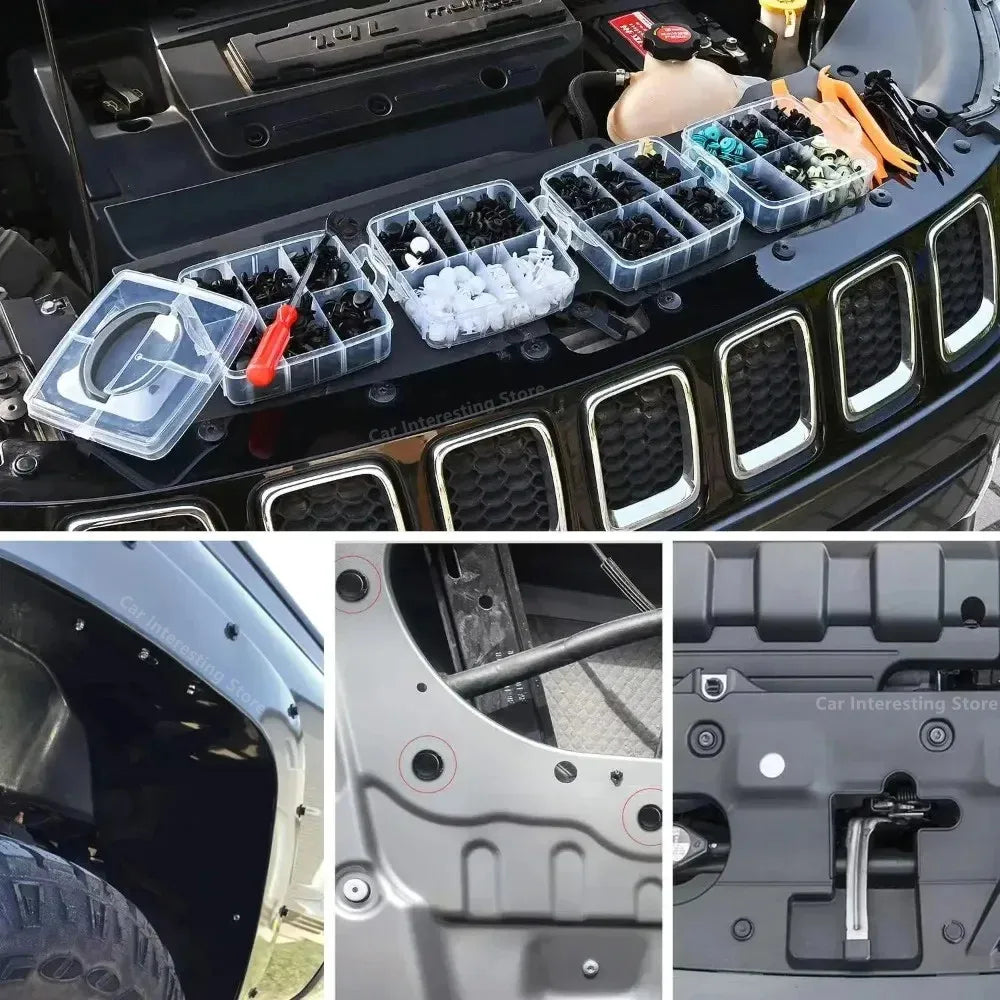 Vista cercana del interior de un coche mostrando clips y remaches de plástico organizados en compartimentos.
