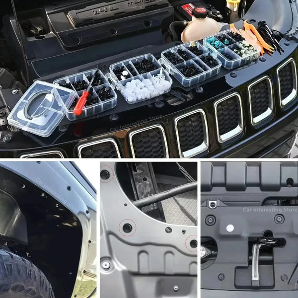 A close-up view of a car interior showing various plastic fastener clips and rivets organized in compartments.