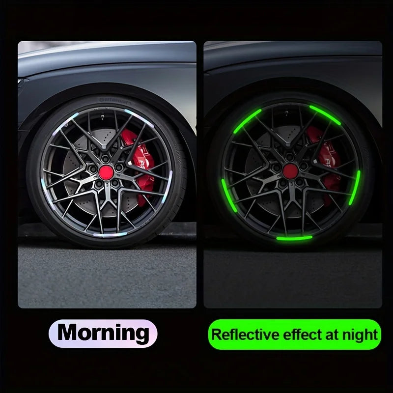Close-up of a car wheel with red brake calipers and green reflective decals, showing both daytime and nighttime effects.