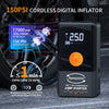 A black cordless digital inflator tool with a battery and air compressor features specifications for 150PSI and high airflow.