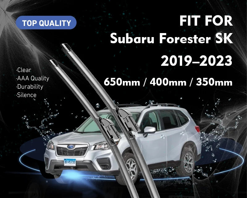 A set of three wiper blades for a white Subaru Forester SK vehicle.
