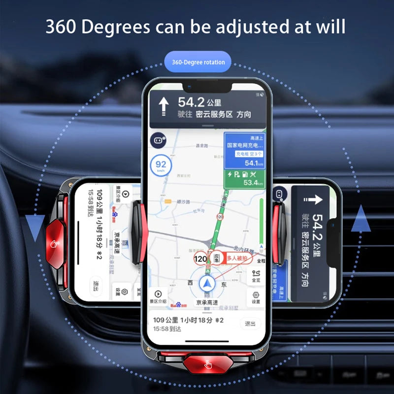 A smartphone displaying a navigation map with a 360-degree adjustment feature, shown alongside a magnetic wireless car charge