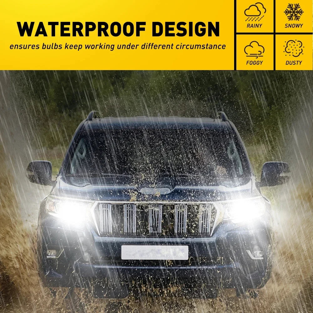 A close-up of a black SUV's front grille and headlights, showing water droplets and dust particles hitting the vehicle.