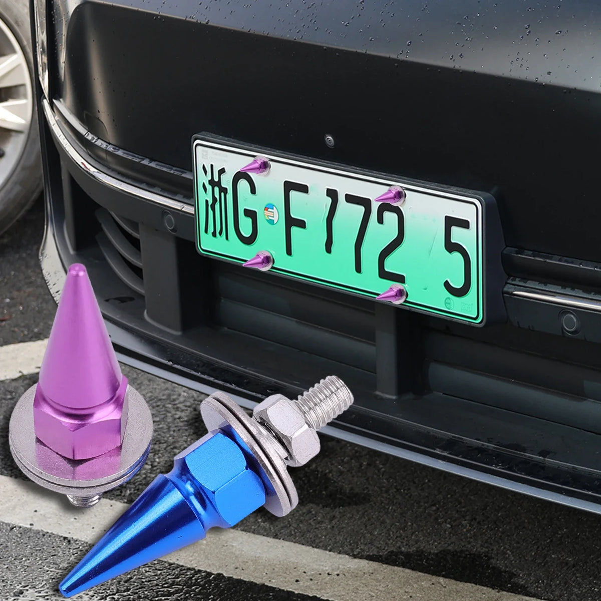 G F 172 5 license plate on a black car grille, next to a silver and blue M6 t