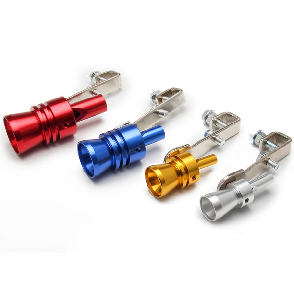 A set of four colored turbo sound exhaust whistles for cars in red, blue, gold, and silver.