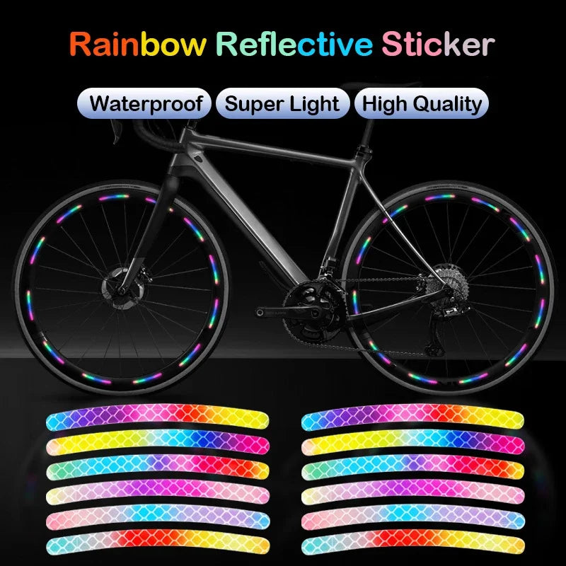 A bicycle with rainbow reflective stickers on the wheels and frame, shown alongside various color patterns.