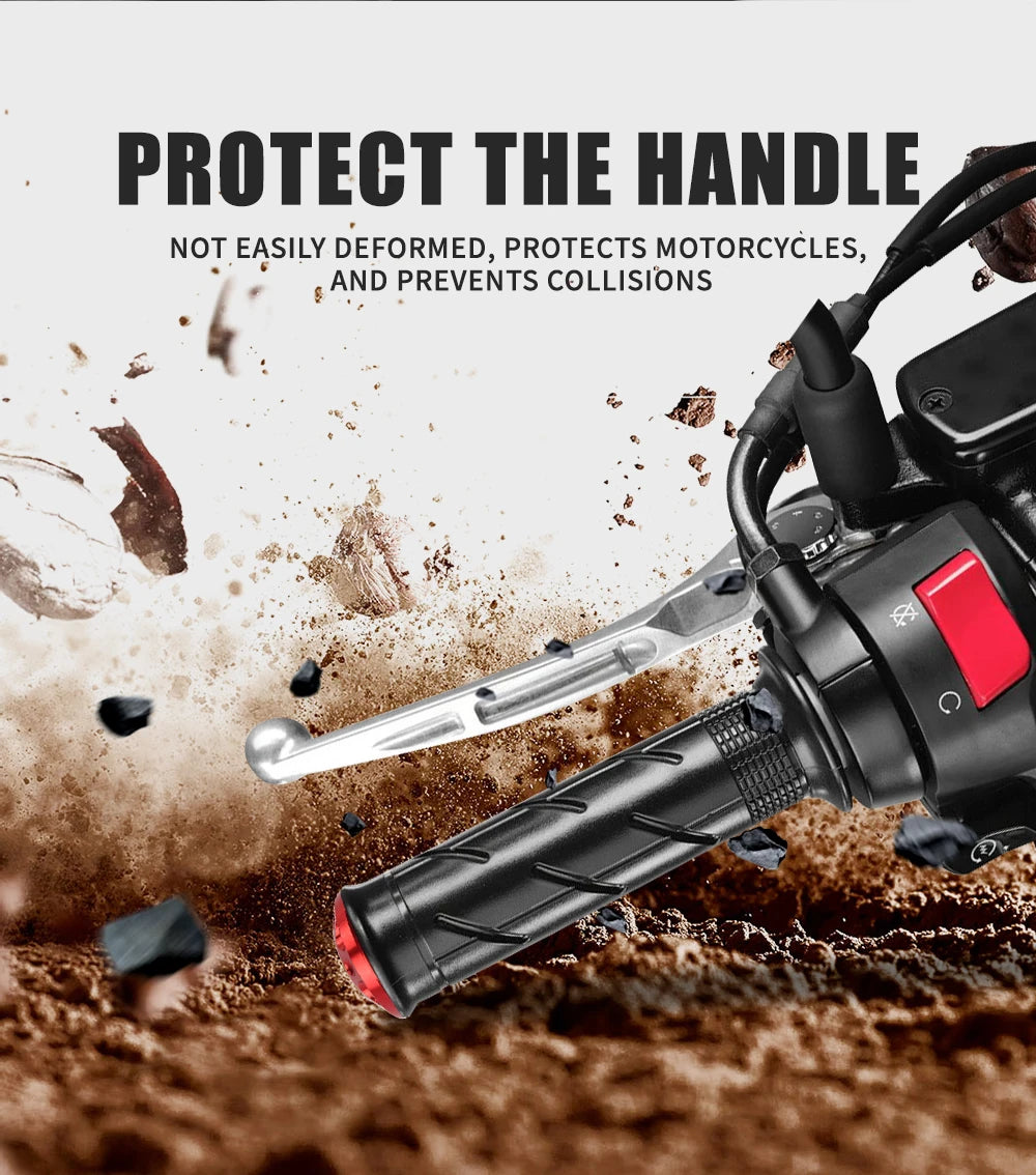 Close-up of a black motorcycle handle bar plug grip protecting the handlebar, shown in a dirt or off-road context.