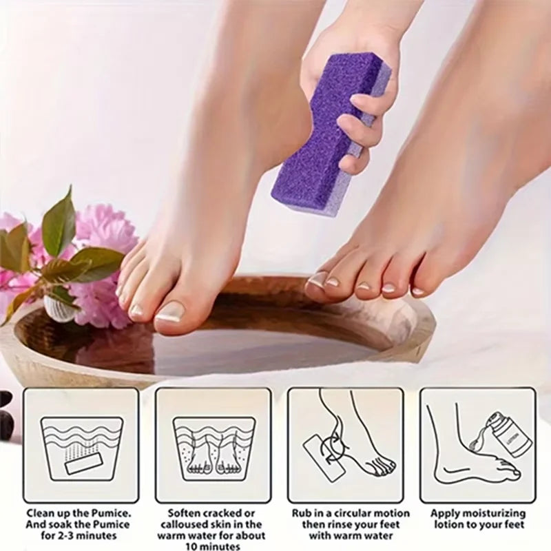 Mains utilisant des pierres à pieds en verre violet sur un plateau en bois pour exfolier les pieds.