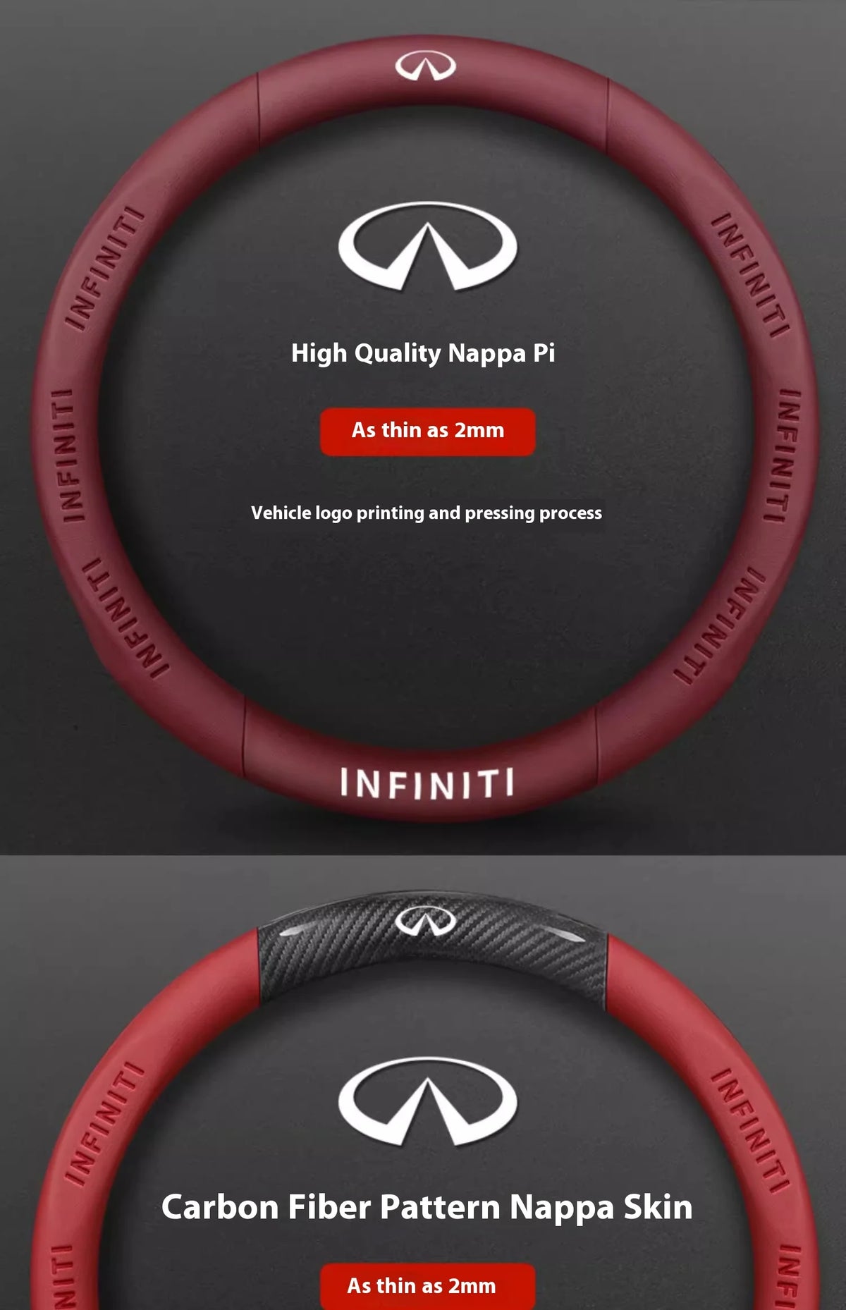 A close-up view of a red steering wheel cover featuring a carbon fiber pattern, designed for Infiniti models.