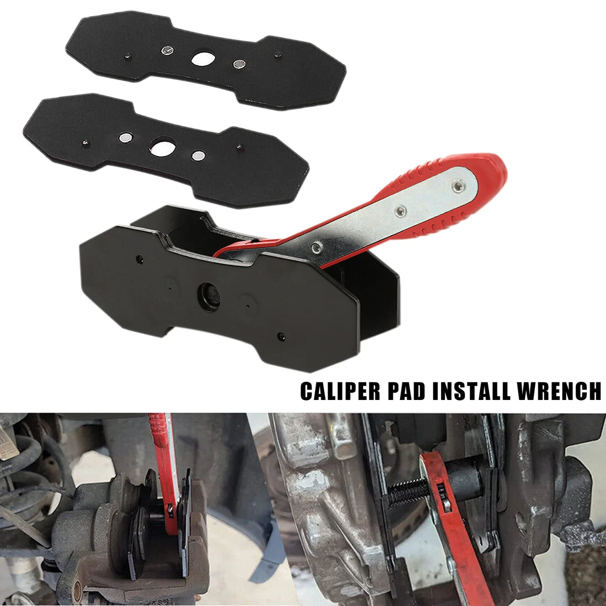 A black caliper pad install wrench tool is shown alongside a close-up of its use on a brake caliper.