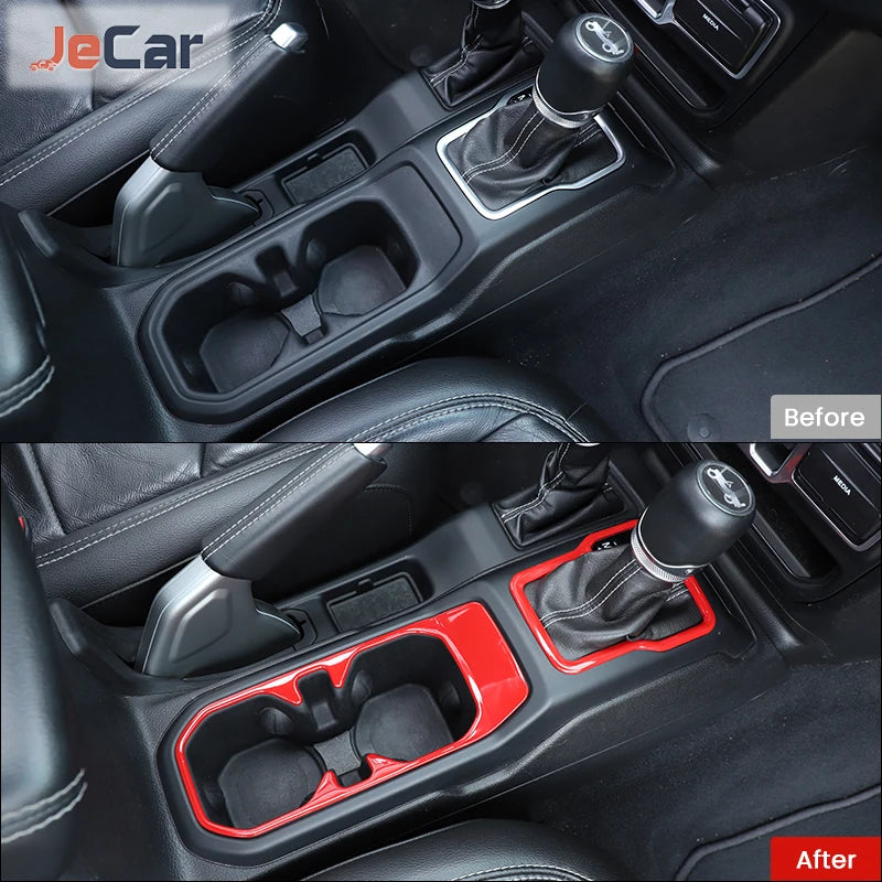 Before and after comparison of car gear shift panel trim stickers in a Jeep interior