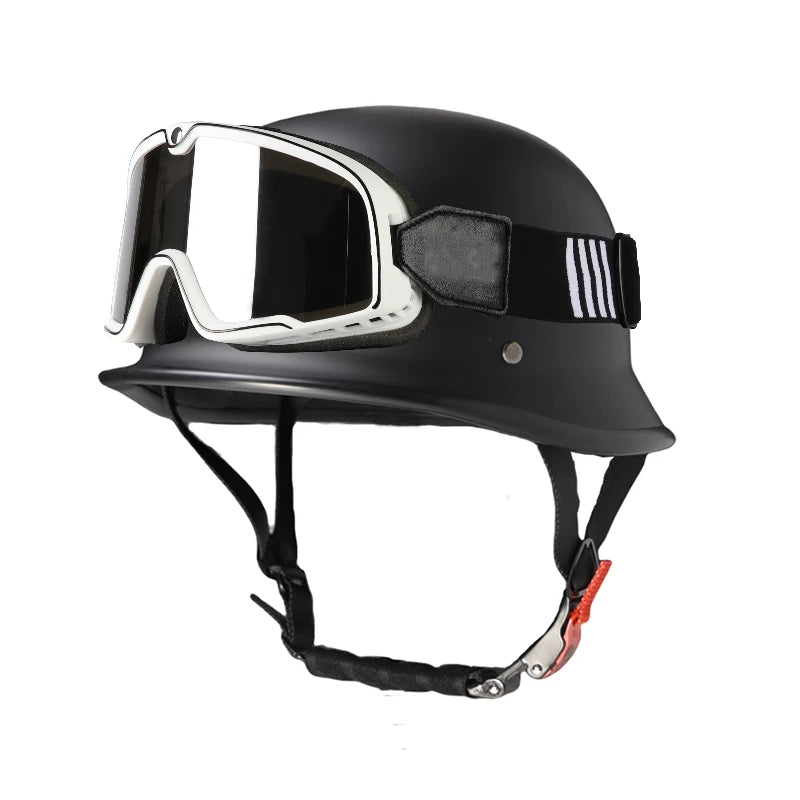 Black universal half-helmet motorcycle and EV safety gear with a clear visor