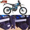 A motorcycle mudguard and protection kit for a Talaria model, showing before and after installation.