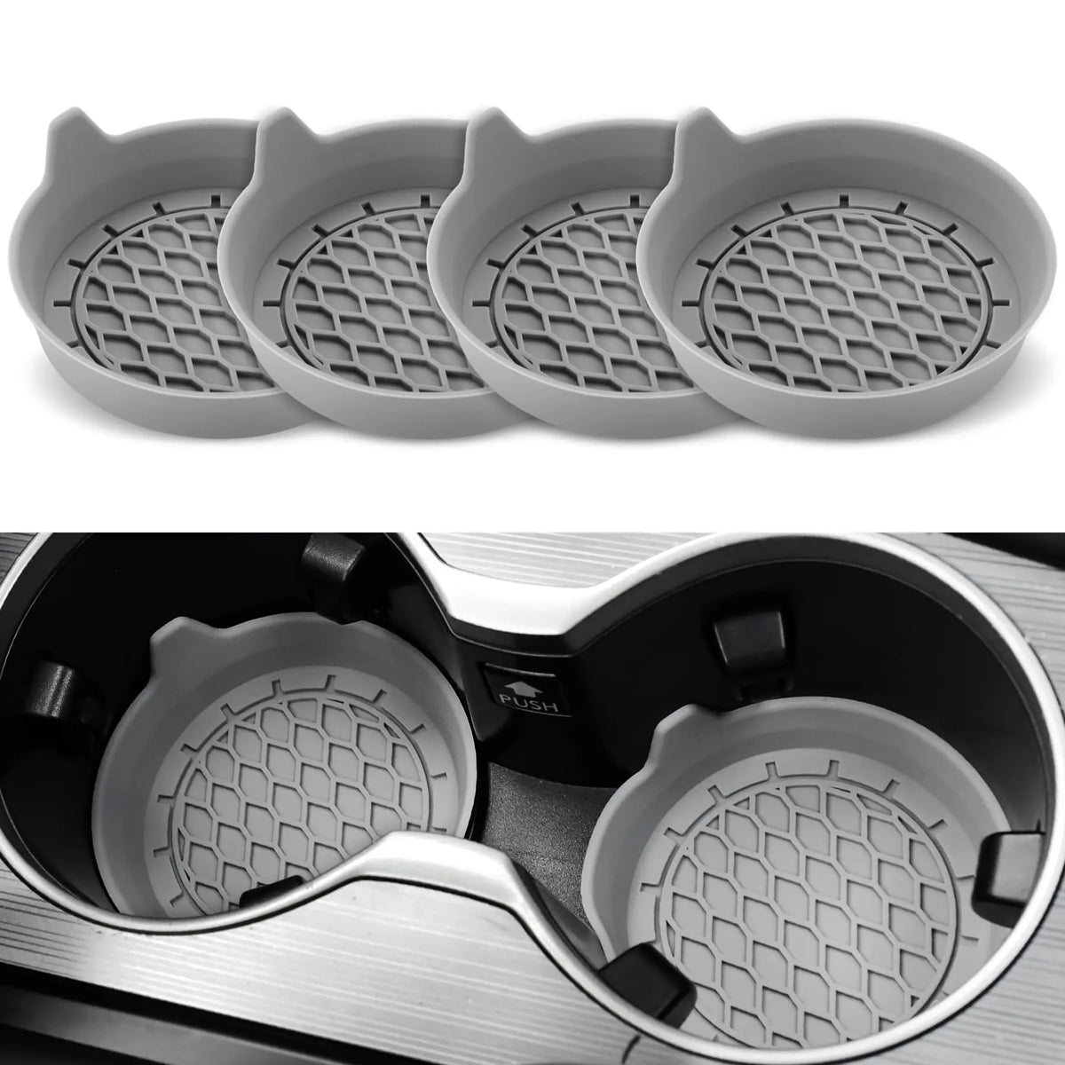 A set of five gray silicone cup holder coasters arranged in a row.