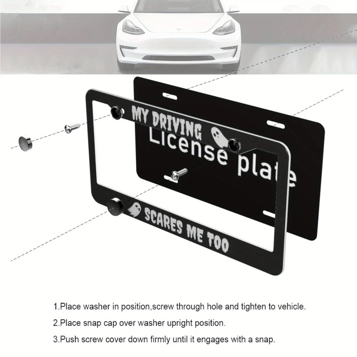 Installation instructions for an aluminum license plate frame that attaches to a vehicle.