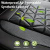 Black synthetic leather car seat covers with a quilted pattern showing leaves and icons for odor absorption, air purification