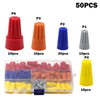 A set of 50 insulated wire connectors and nuts in various colors including red, orange, blue, gray, and yellow.