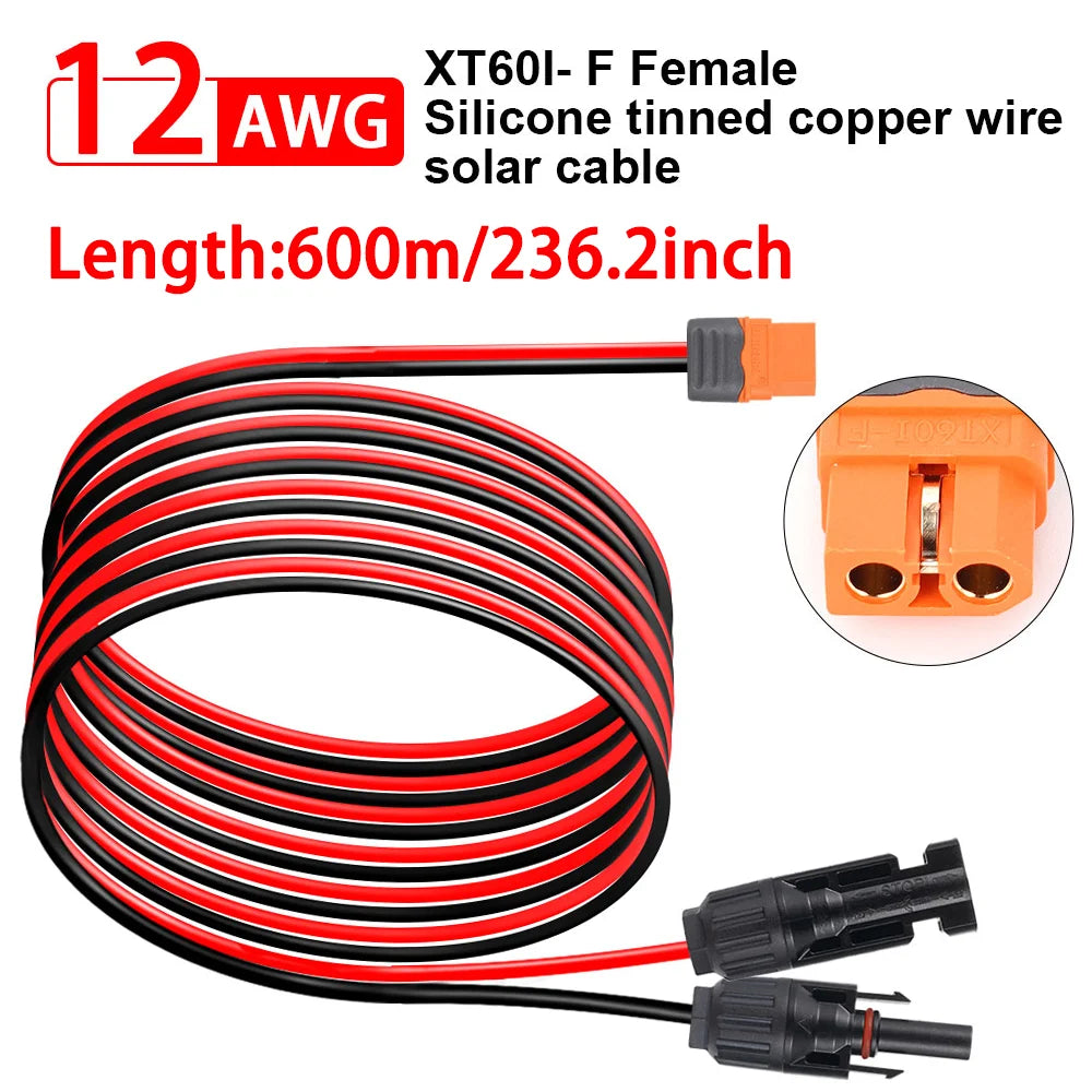 A coil of 12AWG silicone tinned copper wire solar cable with orange connectors.