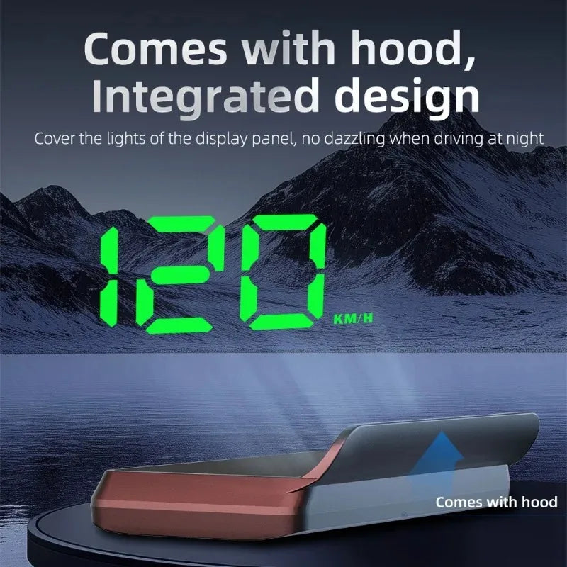 A W2 GPS head-up display device with a hood covering the lights, shown against a mountainous landscape.