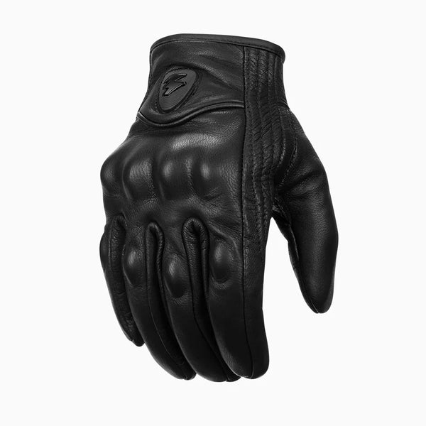 A black leather glove for motorcycle and cycling, shown in a neutral studio shot.