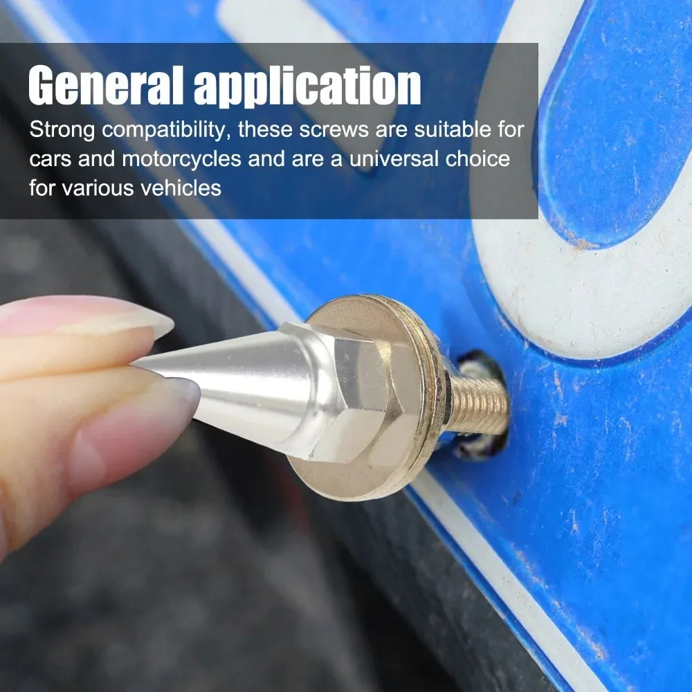 A hand is holding a silver M6 license plate screw, demonstrating its use for vehicle hardware.