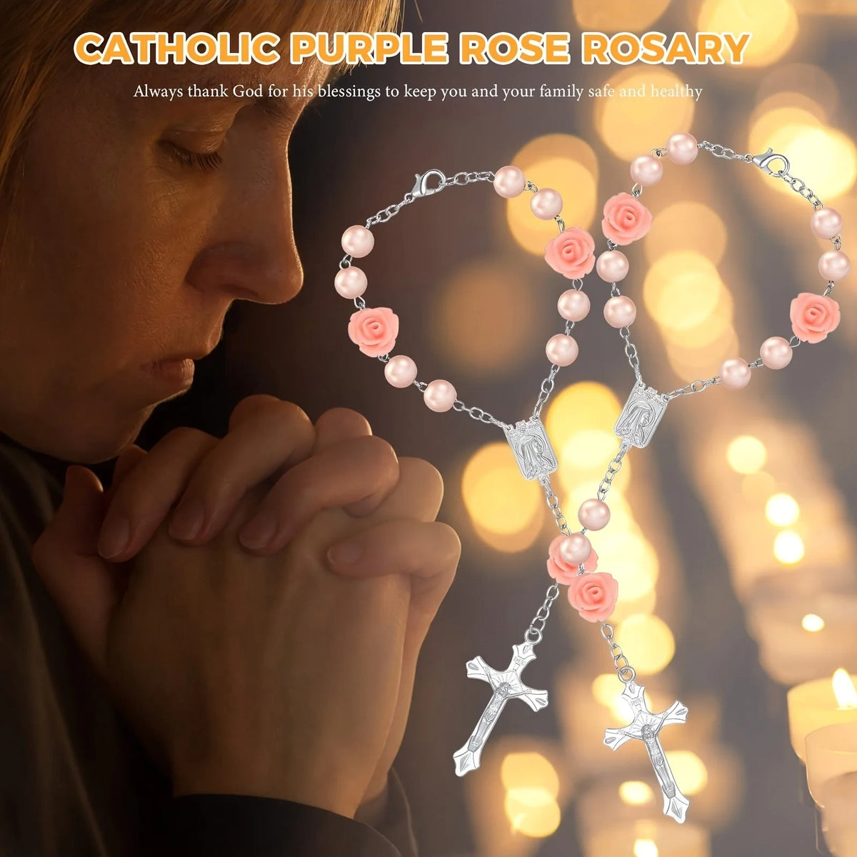A close-up of a Catholic purple rose rosary with pink and white beads and a silver cross hanging against a blurred background