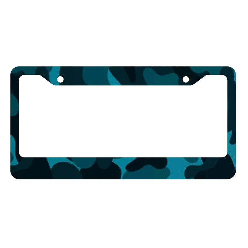 A license plate cover featuring a dark teal and green camouflage pattern.