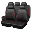 A set of black leather car seat covers for a front passenger and rear seat.