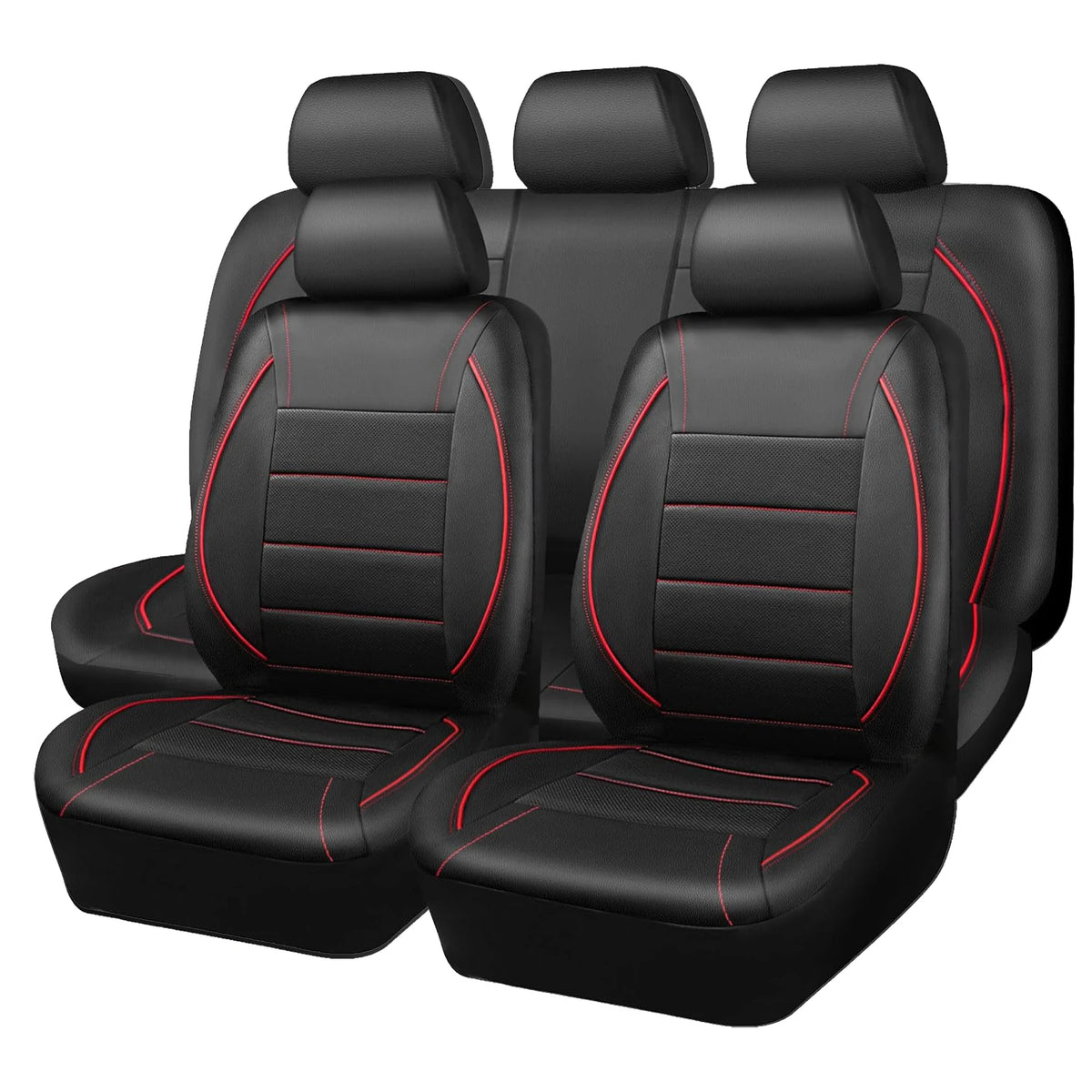 A set of black leather car seat covers for a front passenger and rear seat.