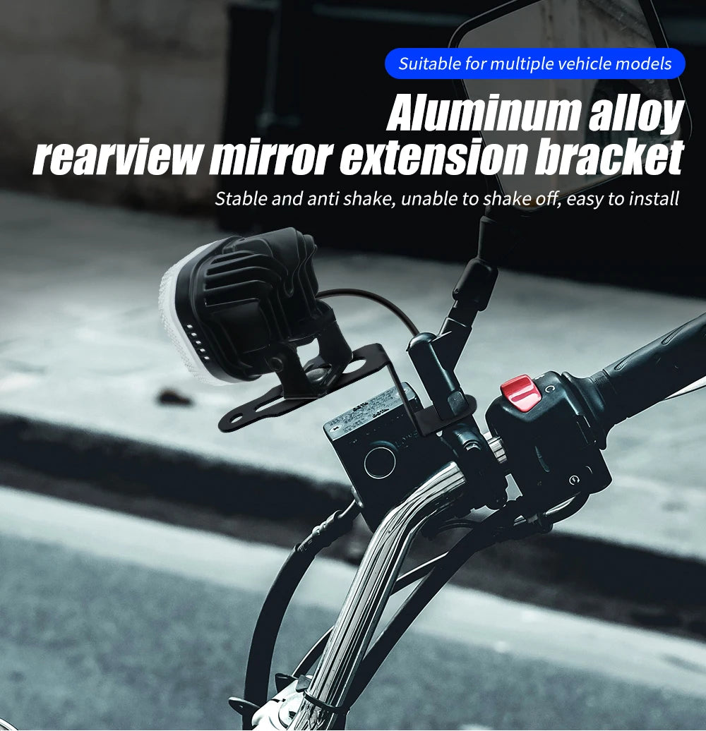 Aluminum alloy rearview mirror extension bracket installed on a motorcycle handlebar.