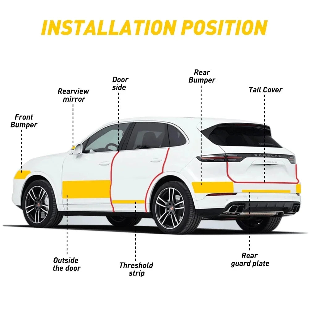 Emplacements marqués sur une carrosserie blanche indiquant où appliquer le film de protection en fibre de carbone Nano