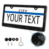 A black license plate frame cover with a blue stripe and white background, including mounting hardware.