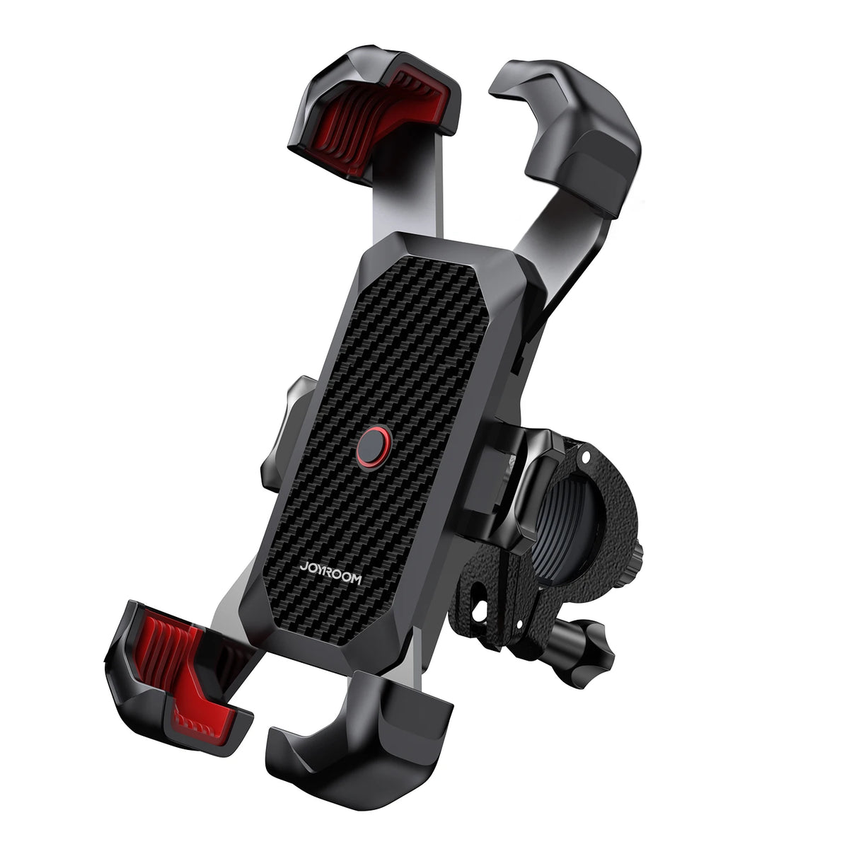 A black universal bike phone mount with adjustable clamps and a textured surface.