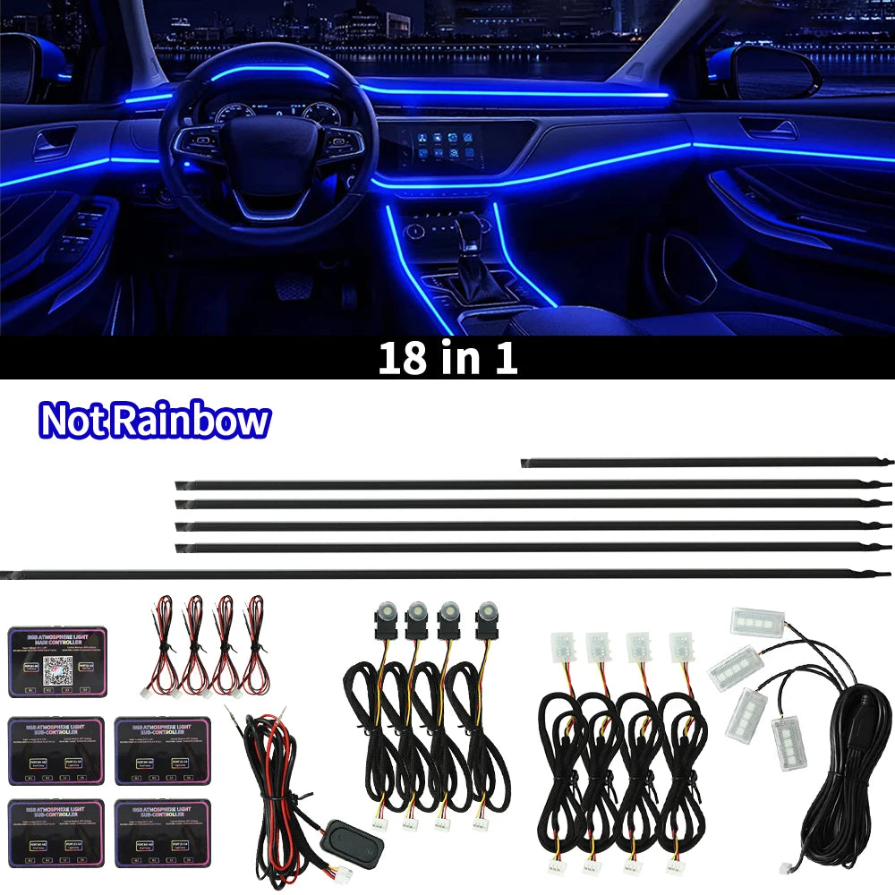 Eine Sammlung von 18 einzelnen RGB-LED-Streifen für Innen- und Außennutzung im Auto.