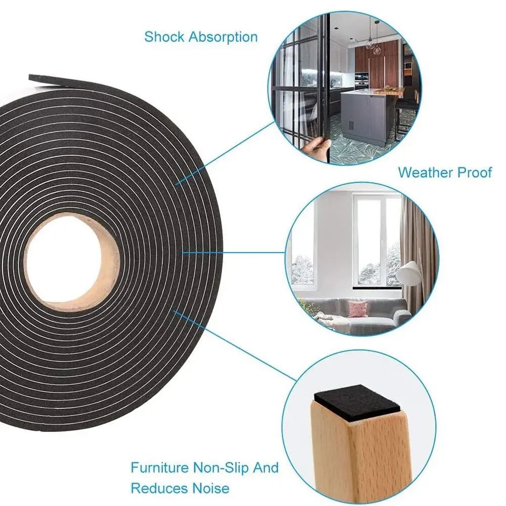 Durable black EVA foam sealing tape shown with various applications including shock absorption, weather proofing, and furnitu