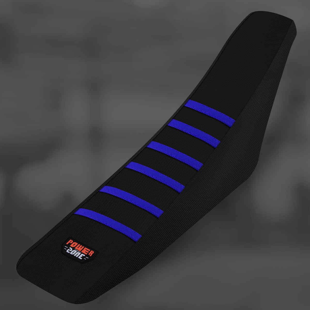 Black motorcycle seat cover with blue stripes and a Power Zone logo