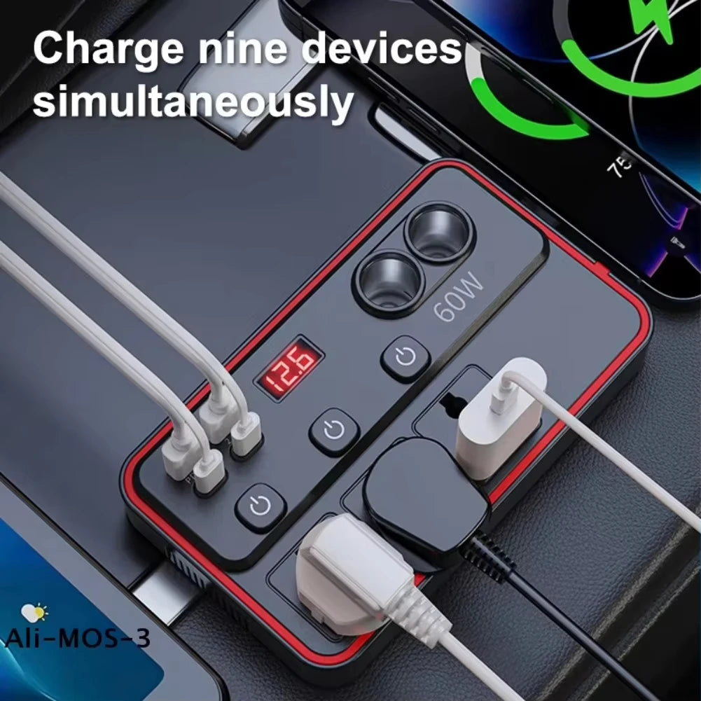 Une main connecte un câble de charge blanc à l'onduleur universel d'alimentation pour voiture Ali-MOS-3.