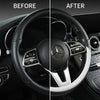 Before and after comparison of a Mercedes steering wheel cover showing a transformation in texture and finish.