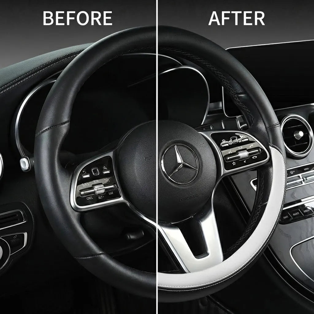 Before and after comparison of a Mercedes steering wheel cover showing a transformation in texture and finish.