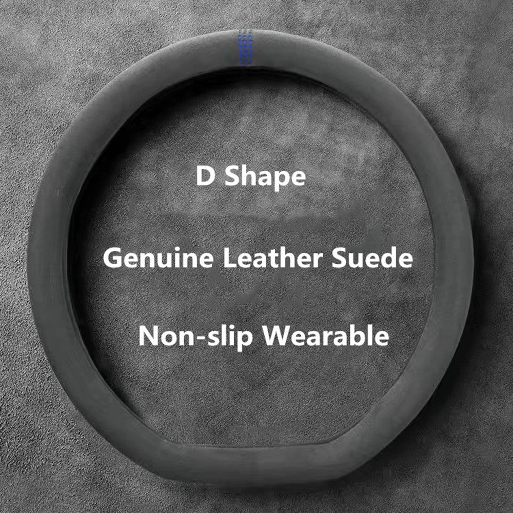 Black D shape genuine leather suede non-slip wearable steering wheel covers