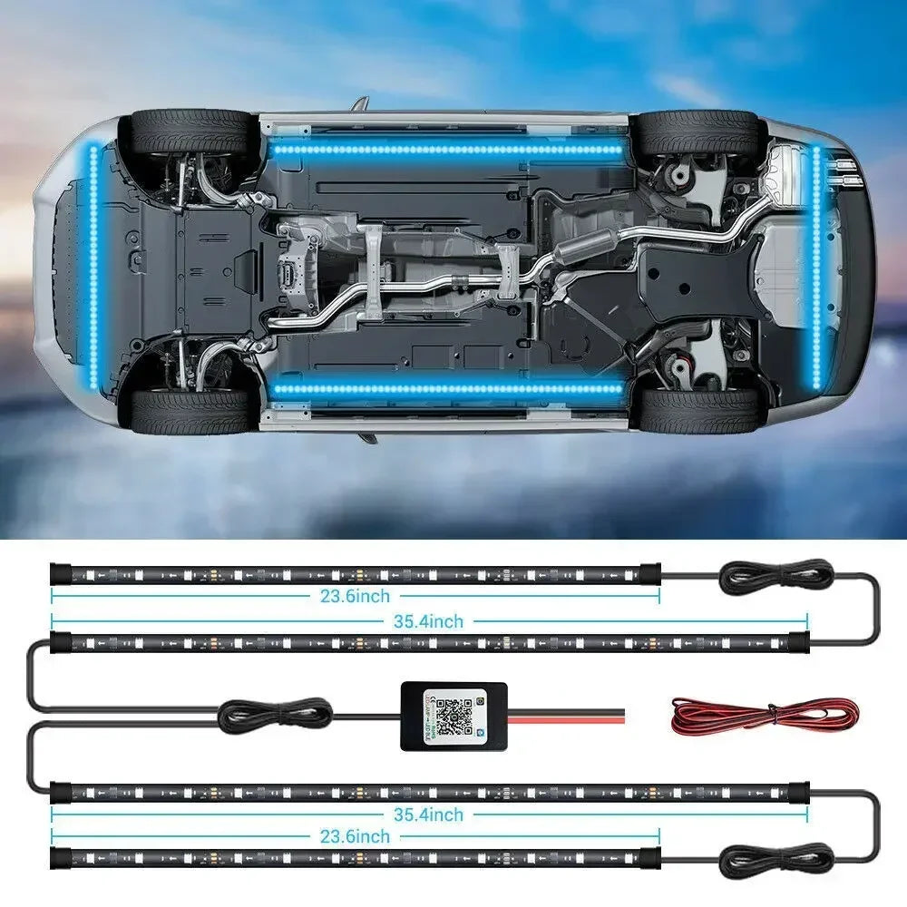 A vehicle's undercarriage showing various lengths of dynamic RGB LED strip lights and a square light module.