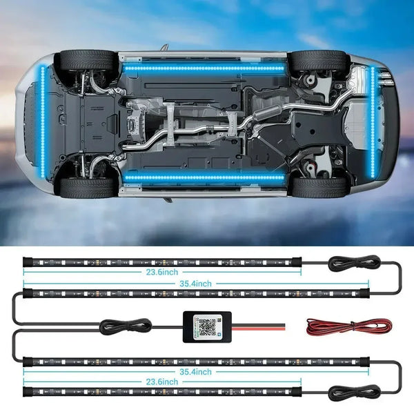 A vehicle's undercarriage showing various lengths of dynamic RGB LED strip lights and a square light module.