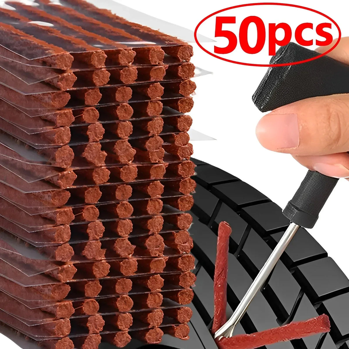 A stack of 50 natural rubber tire repair strips is shown next to a tool for installation.