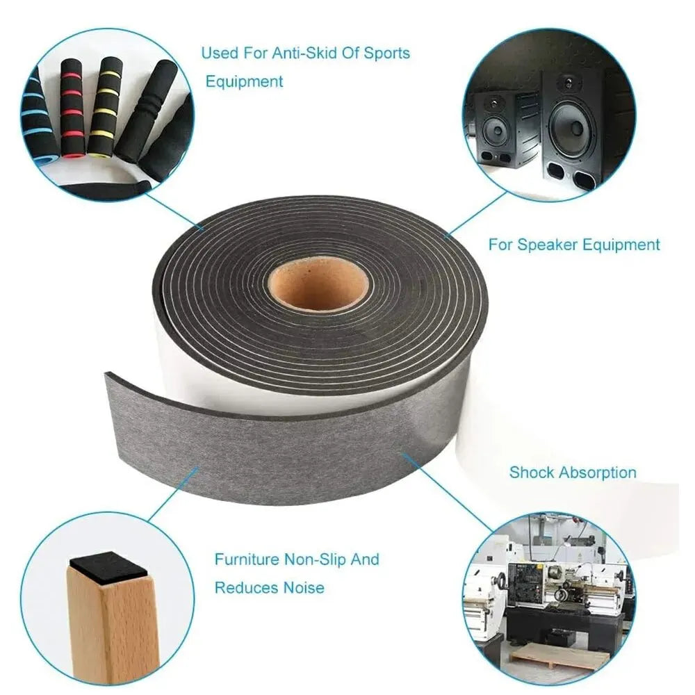 Rolls of durable black EVA foam sealing tape used for anti-skid equipment, speaker equipment, and shock absorption.