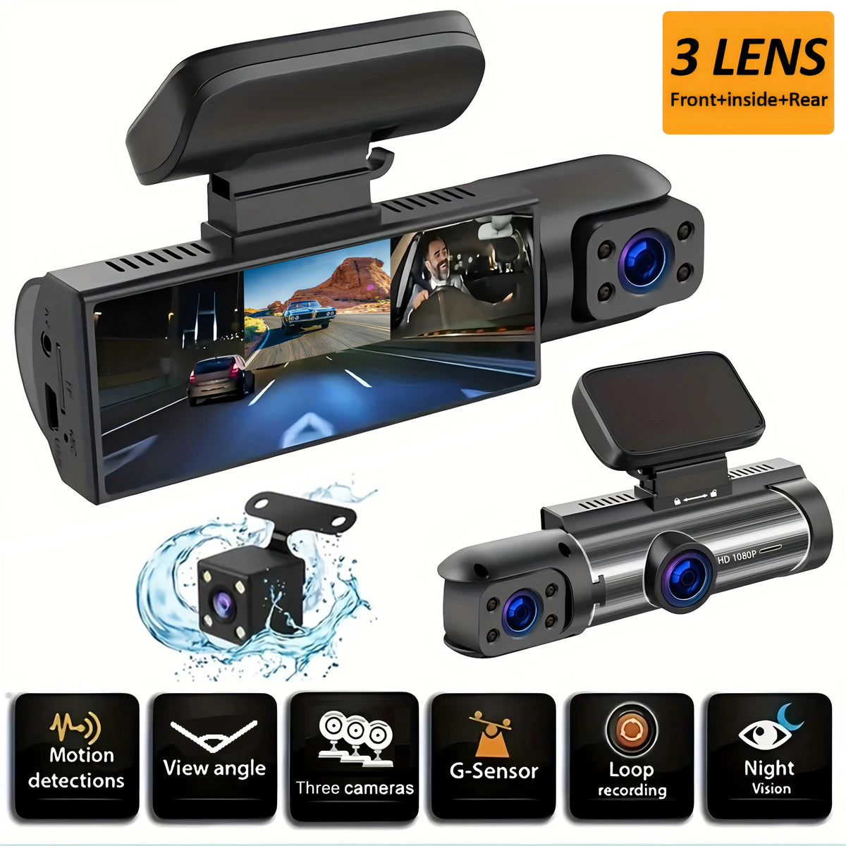 A black triple lens dash cam device shown with its separate camera module and various features listed.