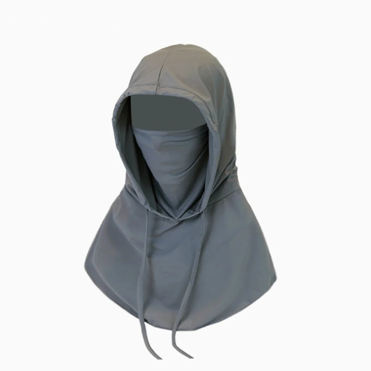 A gray UV protection cooling balaclava face mask with a hood and drawstring detail.