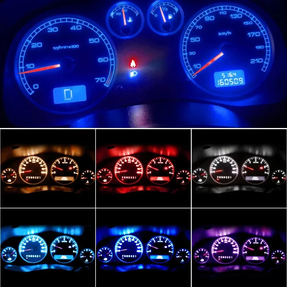 A set of T5 LED dashboard and license plate bulbs showing various illuminated gauges and lights.